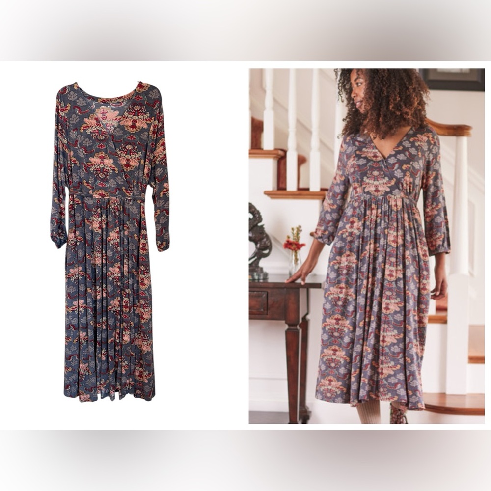 April Cornell Medici Jersey Dress Women’s L Gray Floral Midi 3/4 Sleeve Pockets